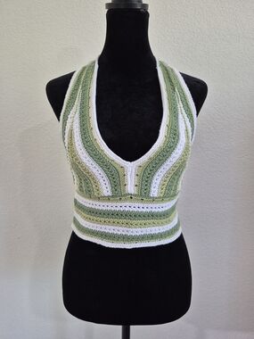 Hollister Green and White Crochet Halter Camisole
